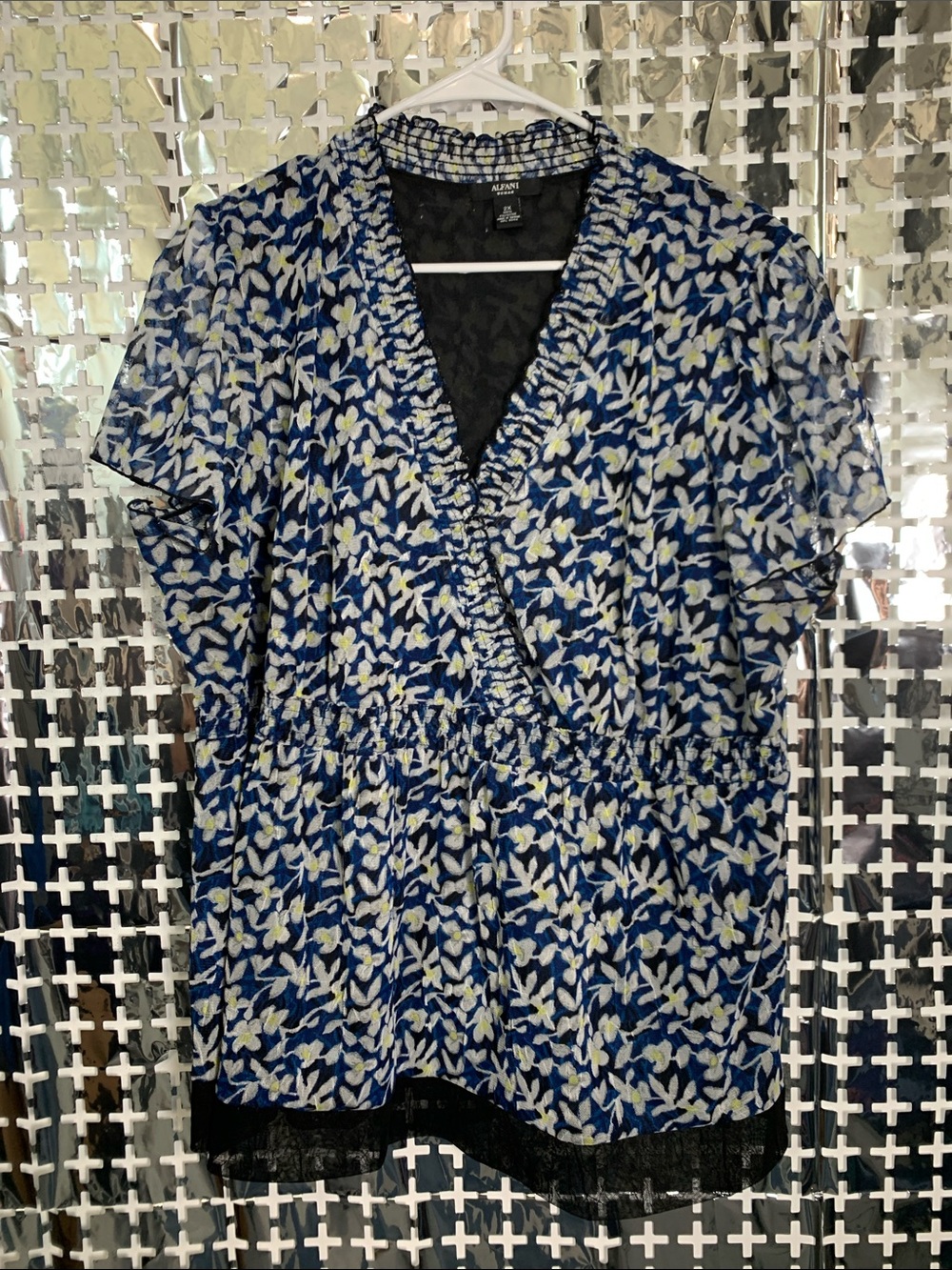 Alfani Navy and White Floral Wrap-Style Blouse